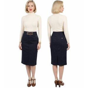 ❤️LAUREN Ralph Lauren Women's Size 6 Navy Blue Pencil Skirt Wide Band Buckles